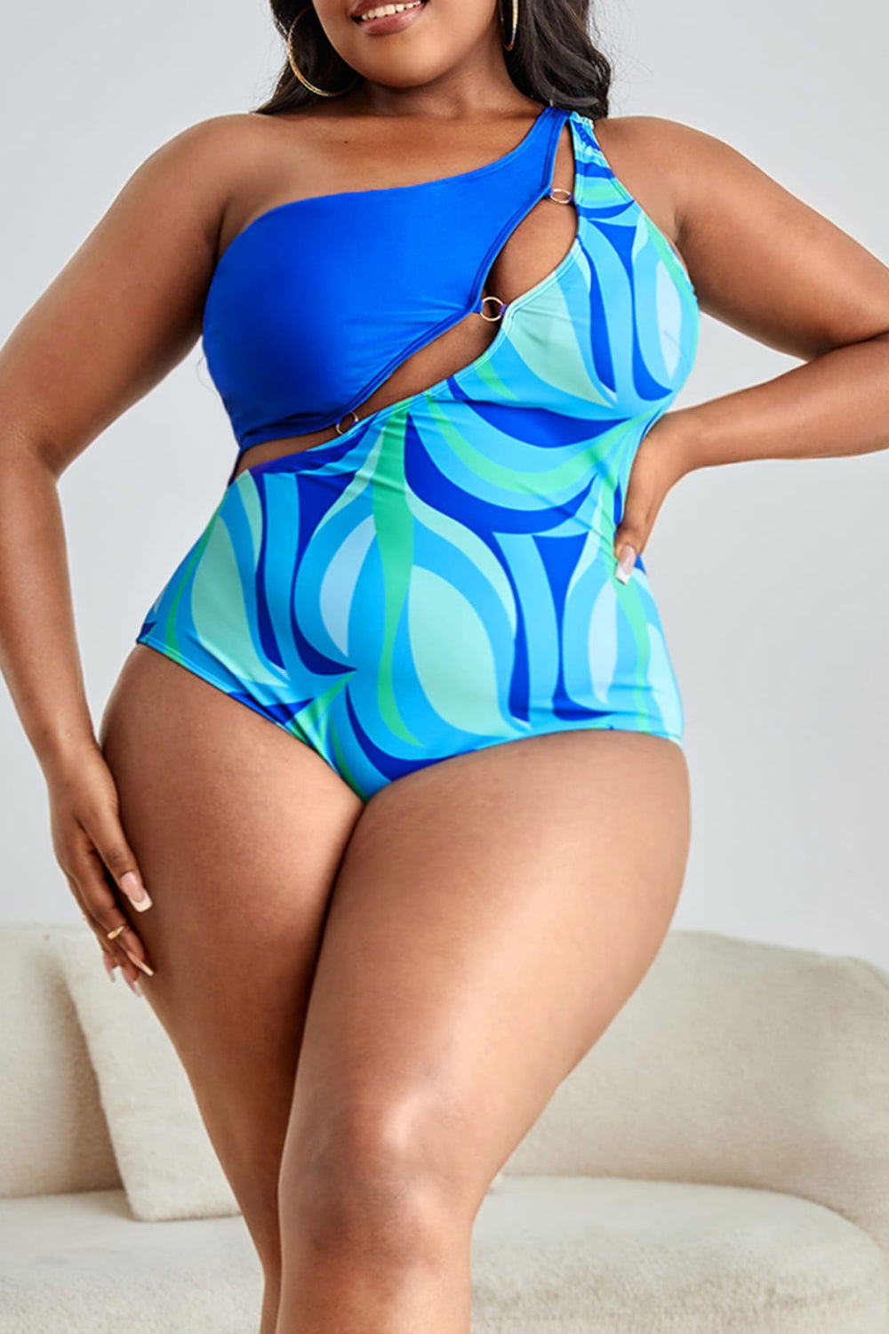 Plus Size Printed Ring Detail One-Shoulder One-Piece Swimsuit - Vesteeto