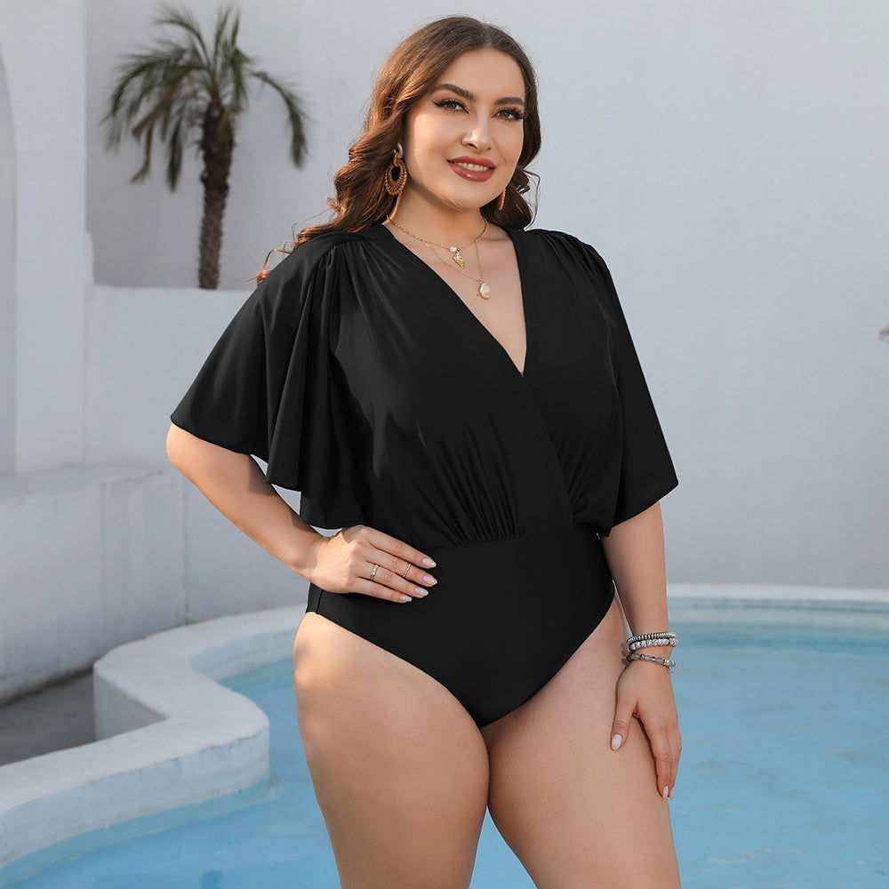 Plus Size Ruched Surplice Neck One-Piece Swimsuit - Vesteeto