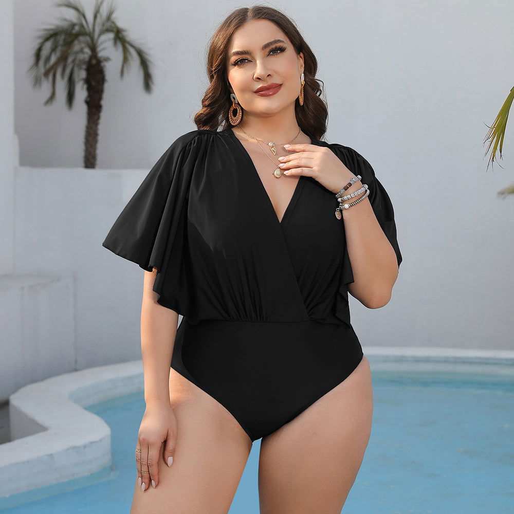 Plus Size Ruched Surplice Neck One-Piece Swimsuit - Vesteeto