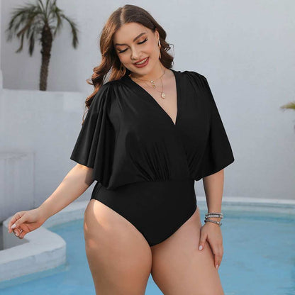 Plus Size Ruched Surplice Neck One-Piece Swimsuit - Vesteeto