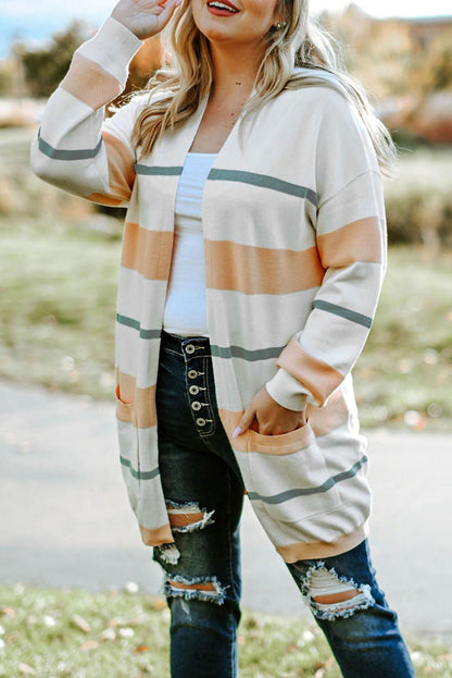 Plus Size Striped Open Front Cardigan - Vesteeto