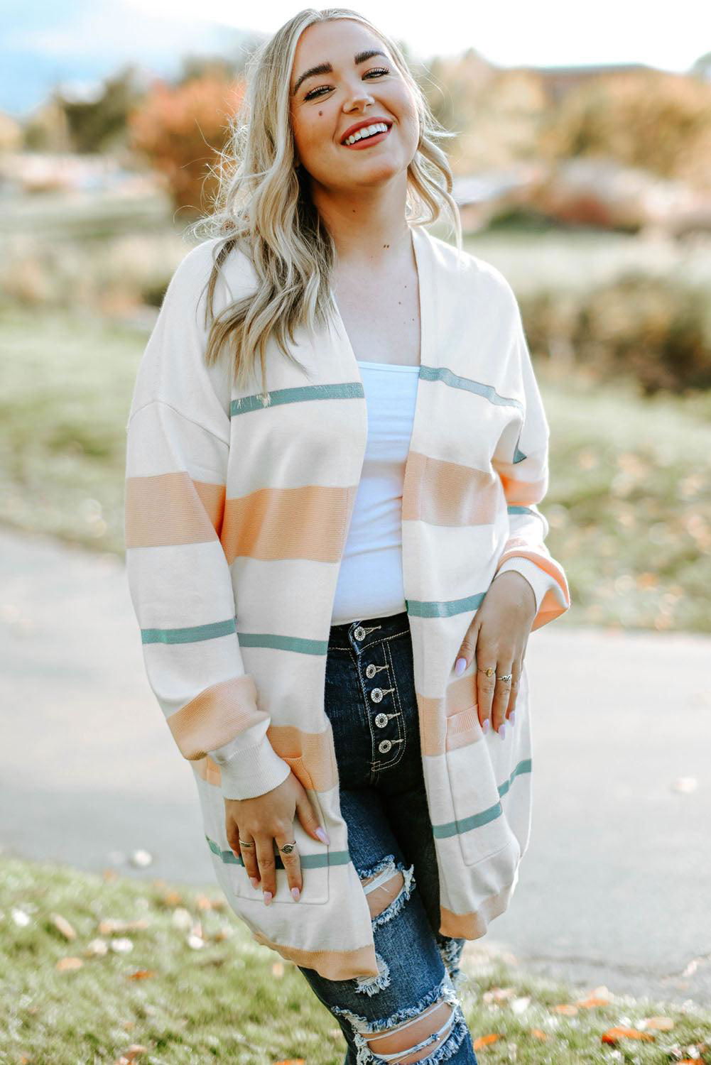 Plus Size Striped Open Front Cardigan - Vesteeto