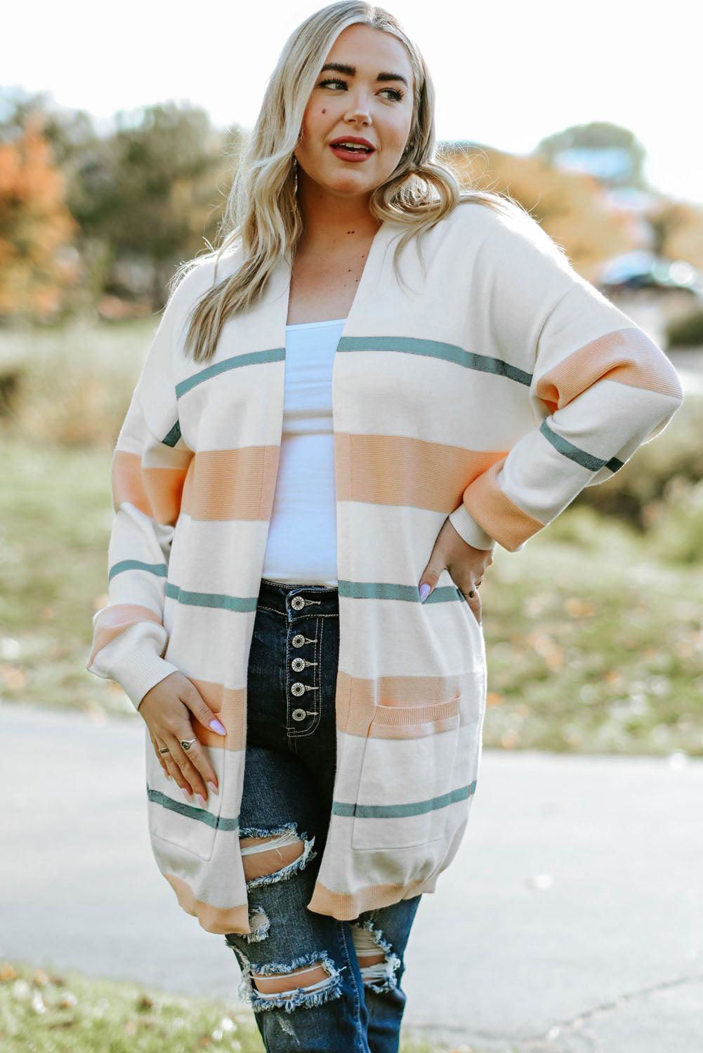 Plus Size Striped Open Front Cardigan - Vesteeto