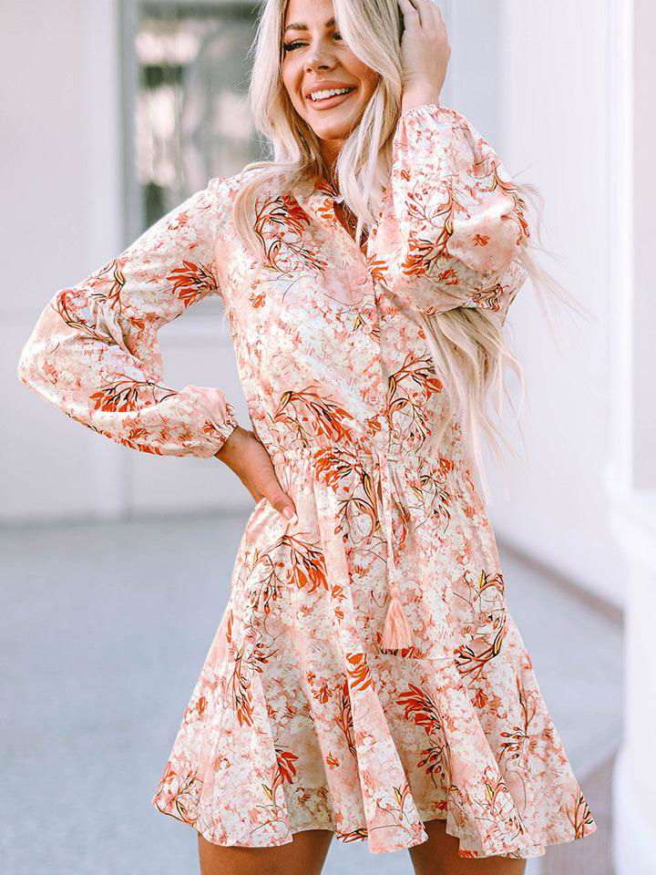 Printed Button-Up Long Sleeve Dress - Vesteeto