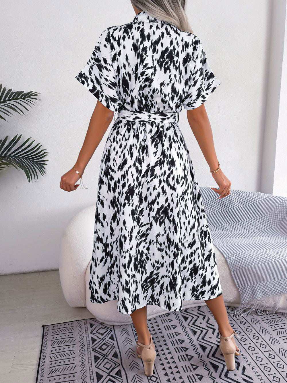 Printed Collared Neck Short Sleeve Tie Waist Dress - Vesteeto