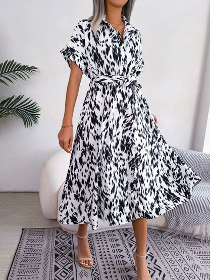 Printed Collared Neck Short Sleeve Tie Waist Dress - Vesteeto