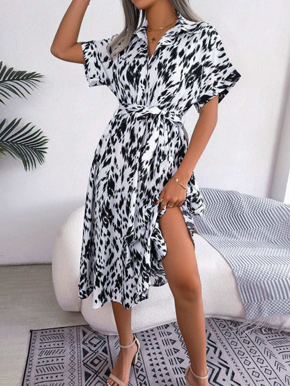 Printed Collared Neck Short Sleeve Tie Waist Dress - Vesteeto