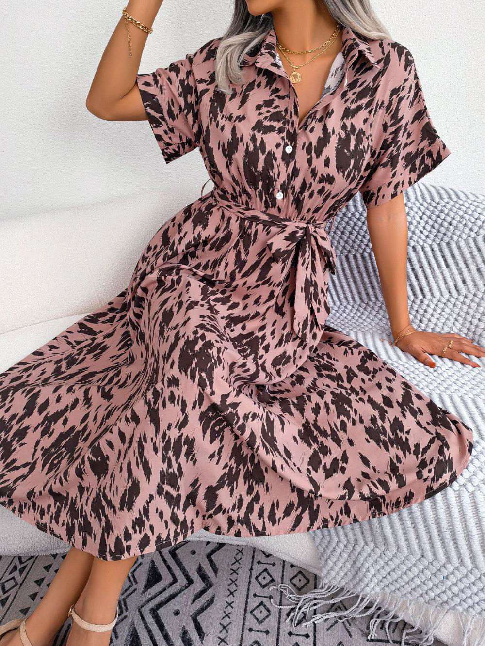 Printed Collared Neck Short Sleeve Tie Waist Dress - Vesteeto