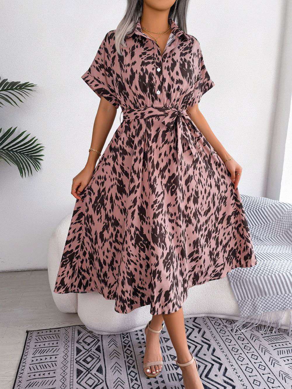 Printed Collared Neck Short Sleeve Tie Waist Dress - Vesteeto