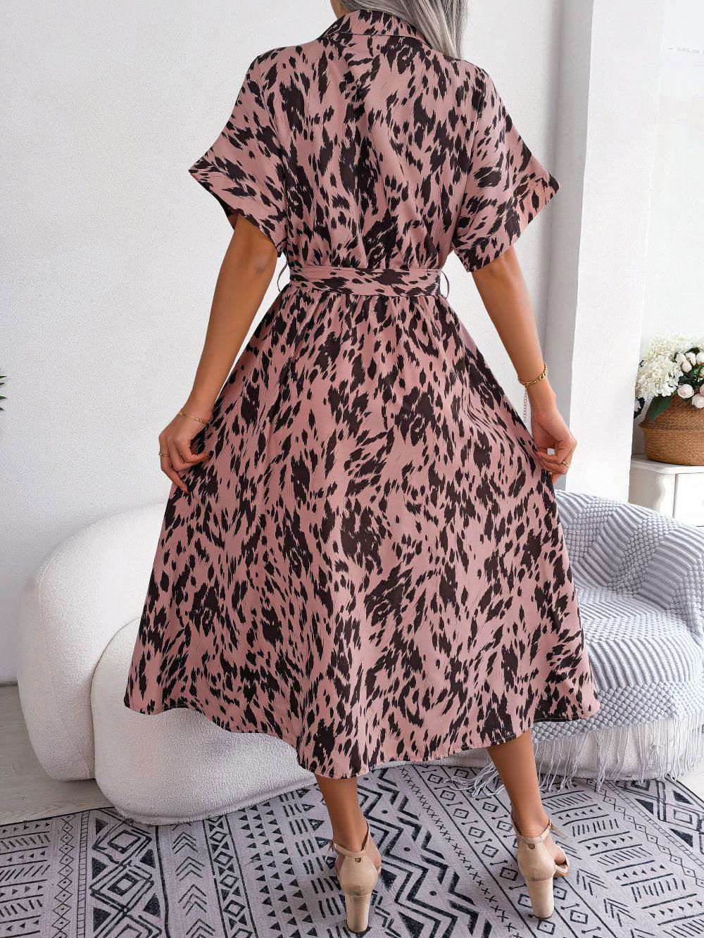 Printed Collared Neck Short Sleeve Tie Waist Dress - Vesteeto