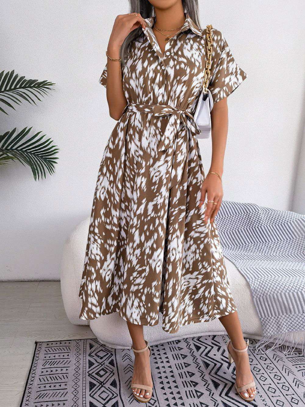 Printed Collared Neck Short Sleeve Tie Waist Dress - Vesteeto