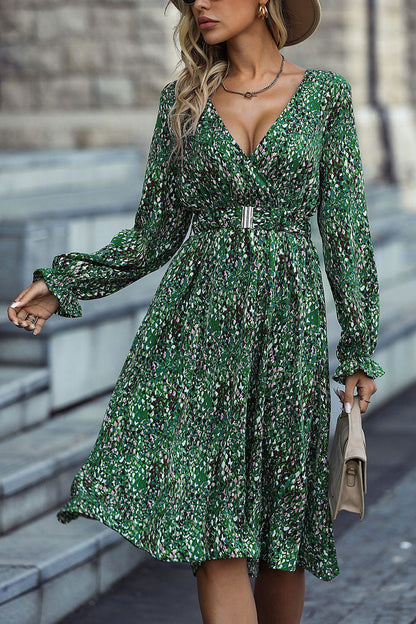 Printed Flounce Sleeve Surplice Neck Dress - Vesteeto