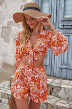 Printed Long Sleeve Cropped Top and Shorts Set - Vesteeto