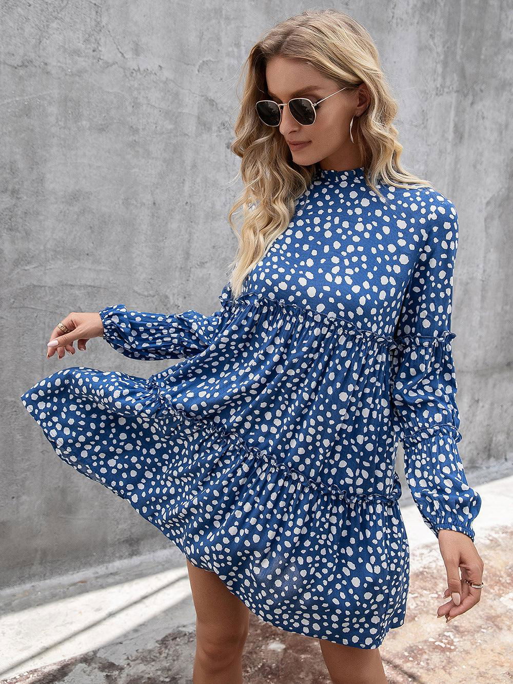 Printed Long Sleeve Tiered Dress - Vesteeto