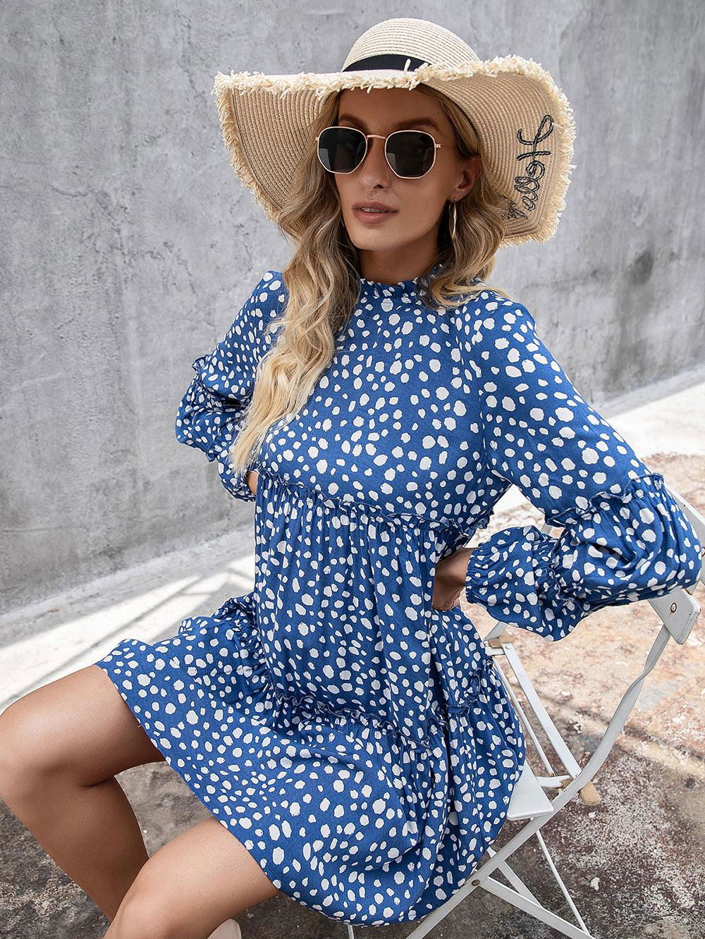 Printed Long Sleeve Tiered Dress - Vesteeto