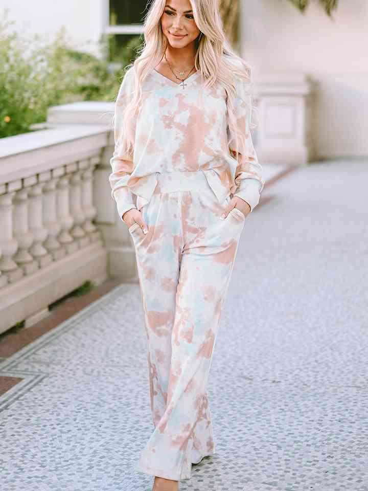 Printed Long Sleeve Top and Wide Leg Pants Lounge Set - Vesteeto