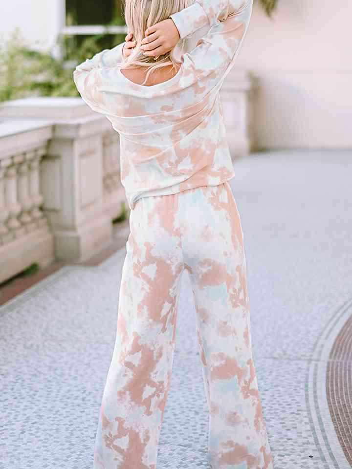 Printed Long Sleeve Top and Wide Leg Pants Lounge Set - Vesteeto