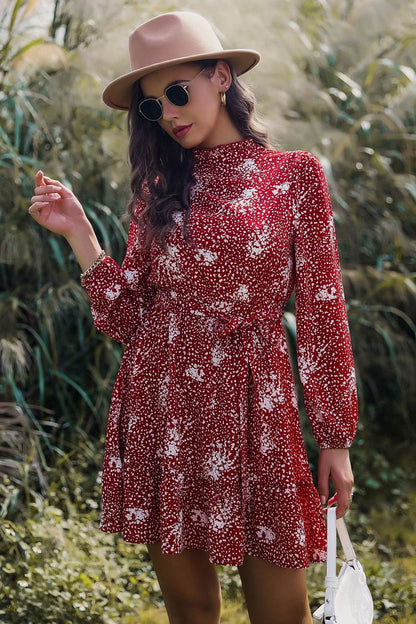 Printed Mock Neck Long Sleeve Tie Waist Mini Dress - Vesteeto