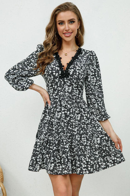 Printed Plunge Neck Flounce Sleeve Mini Dress - Vesteeto