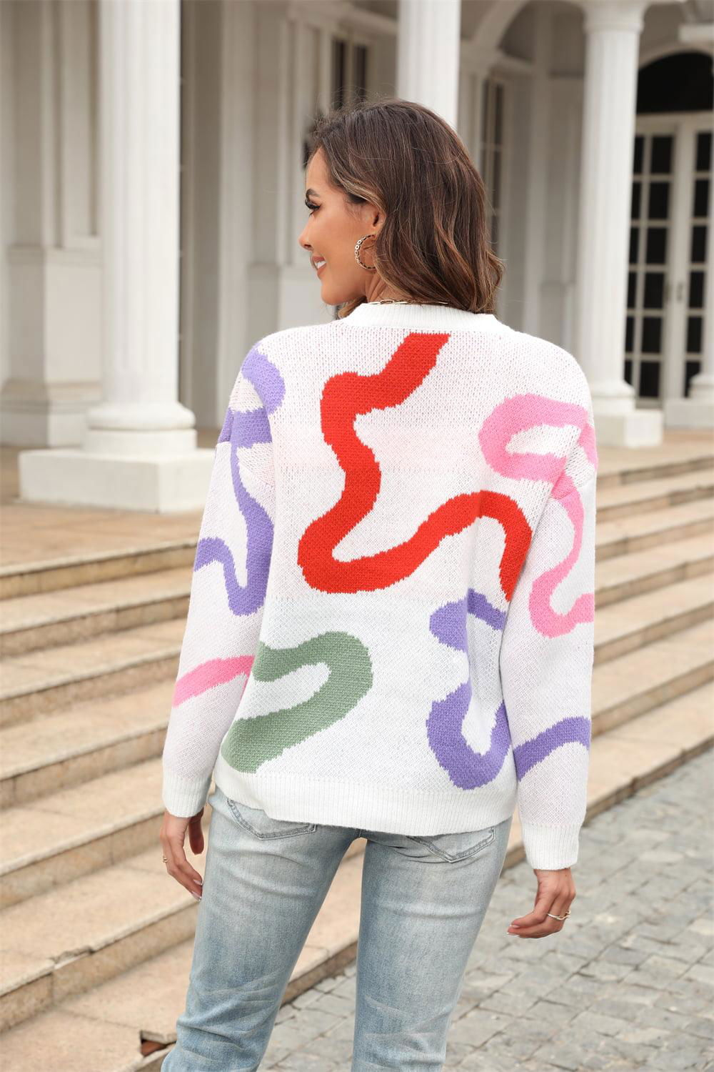 Printed Round Neck Dropped Shoulder Pullover Sweater - Vesteeto