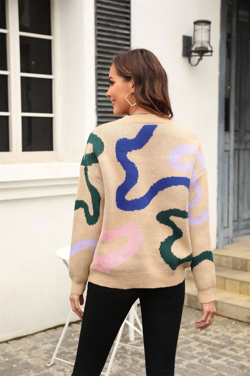 Printed Round Neck Dropped Shoulder Pullover Sweater - Vesteeto