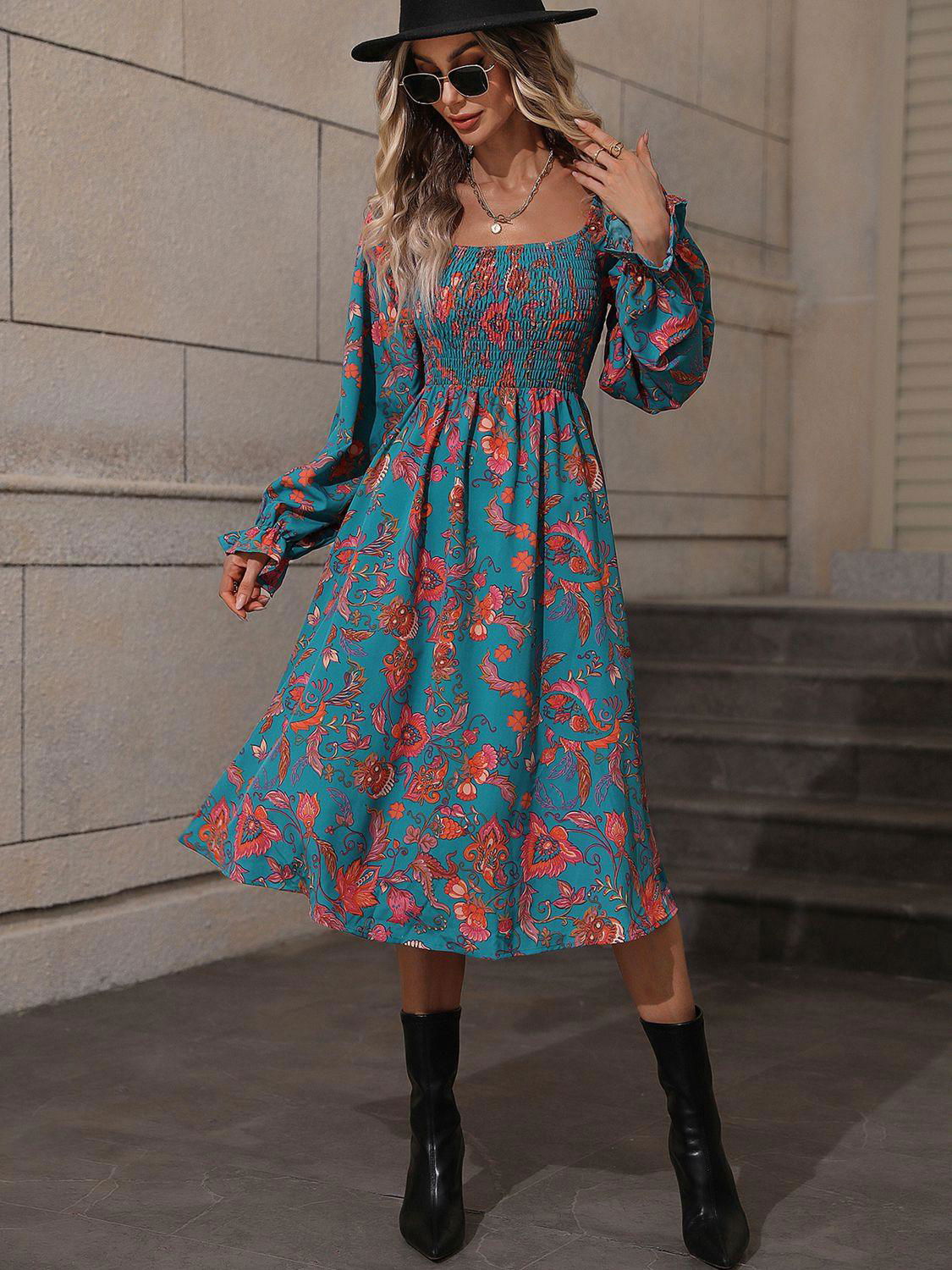 Printed Square Neck Flounce Sleeve Dress - Vesteeto