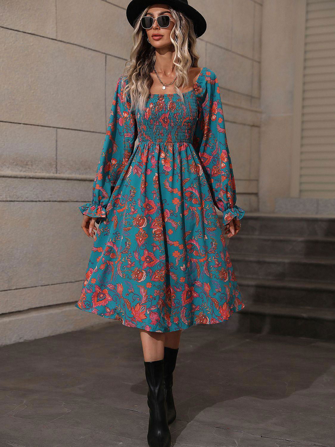 Printed Square Neck Flounce Sleeve Dress - Vesteeto