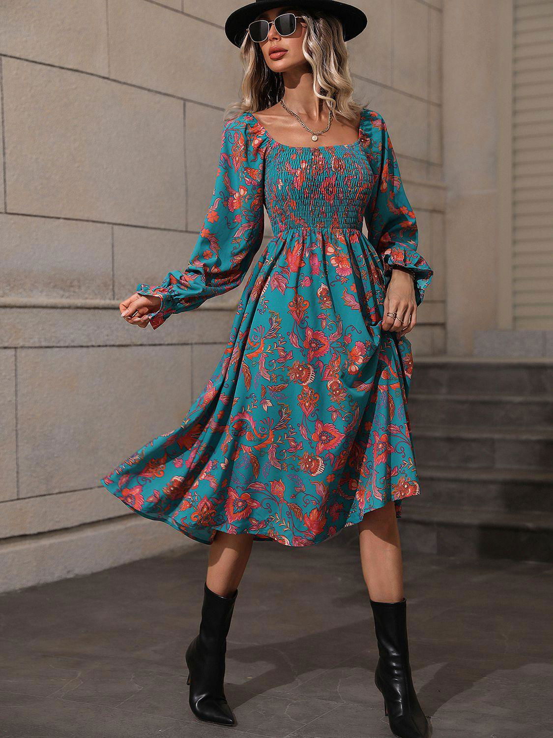 Printed Square Neck Flounce Sleeve Dress - Vesteeto