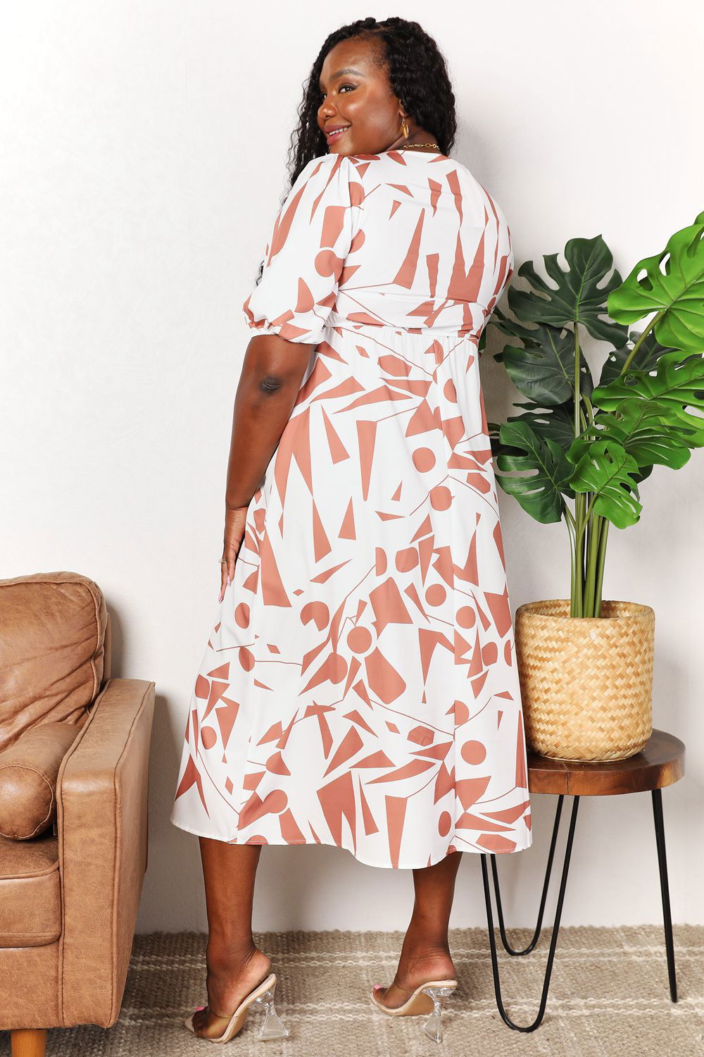 Printed Surplice Balloon Sleeve Dress - Vesteeto