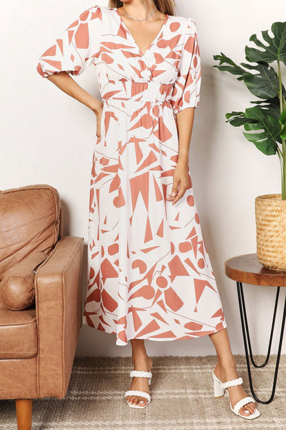 Printed Surplice Balloon Sleeve Dress - Vesteeto