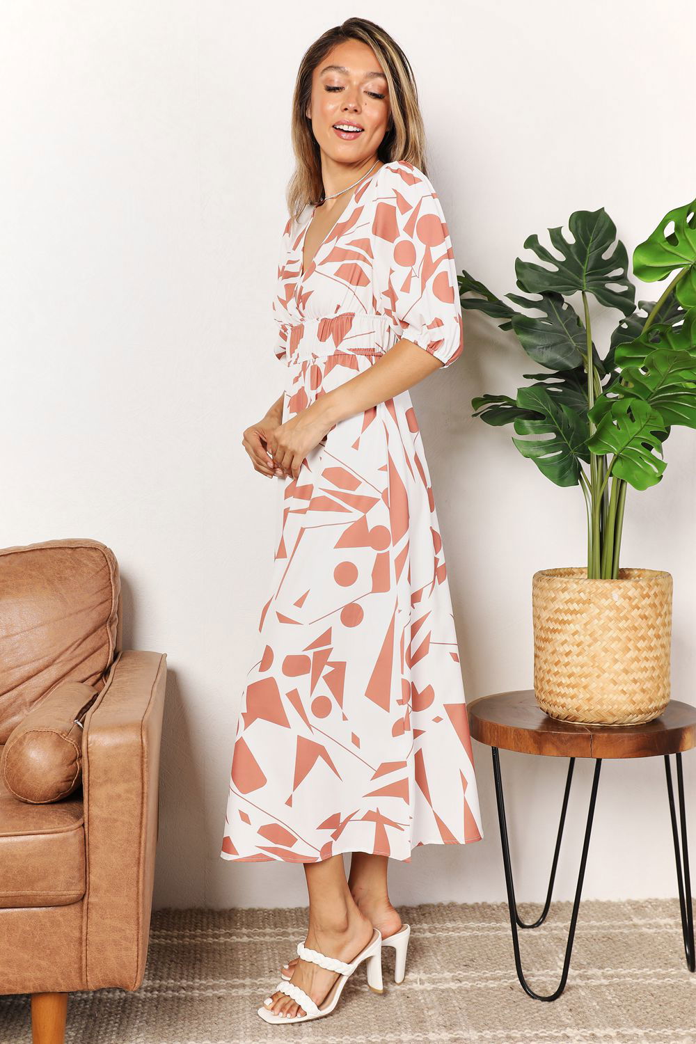 Printed Surplice Balloon Sleeve Dress - Vesteeto