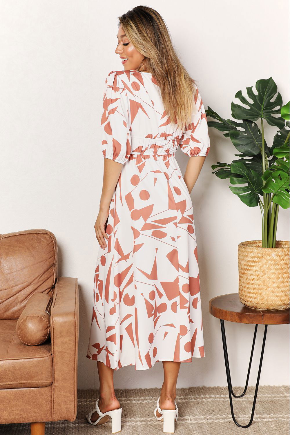 Printed Surplice Balloon Sleeve Dress - Vesteeto