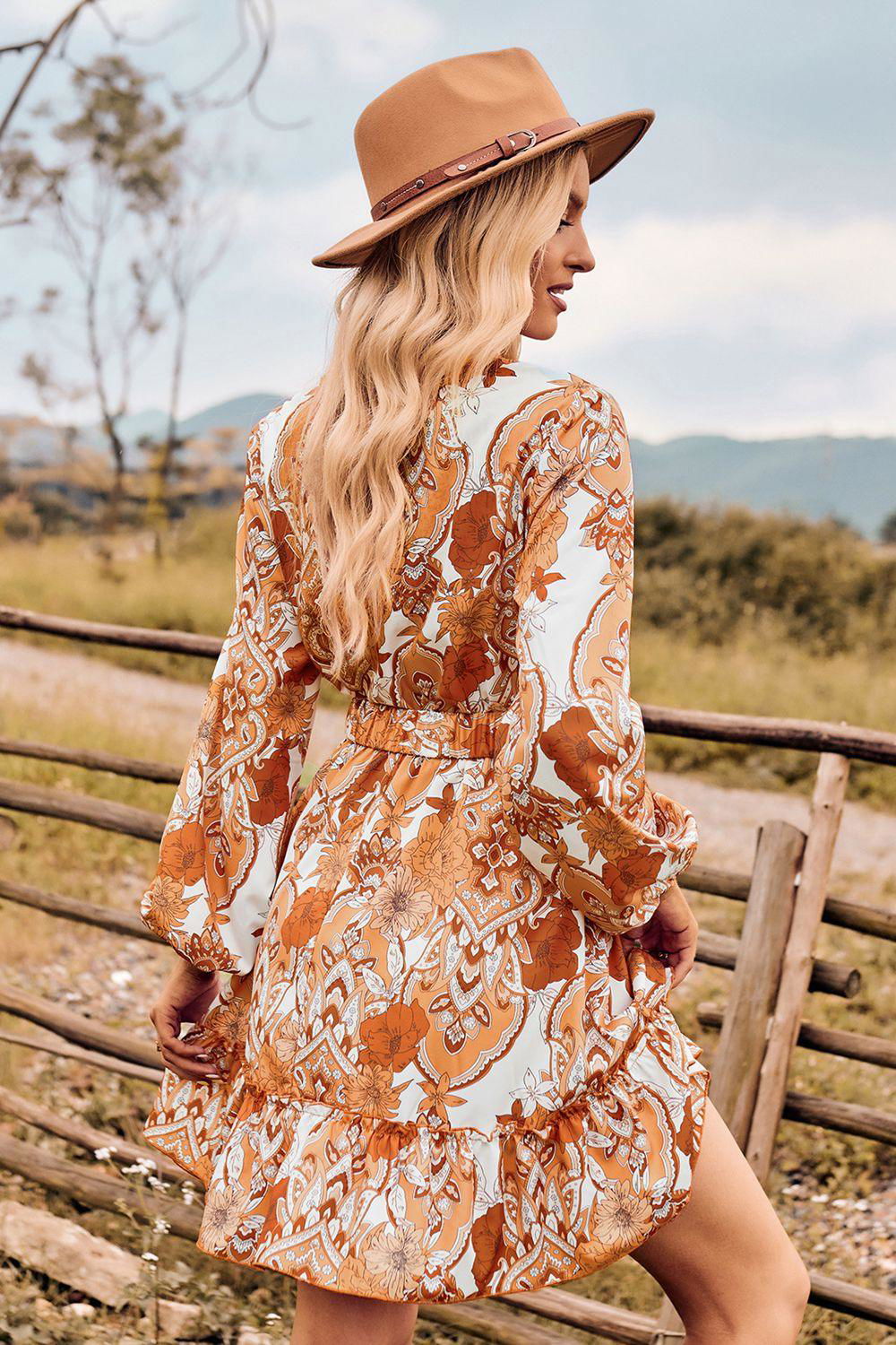 Printed Surplice Neck Long Sleeve Dress - Vesteeto