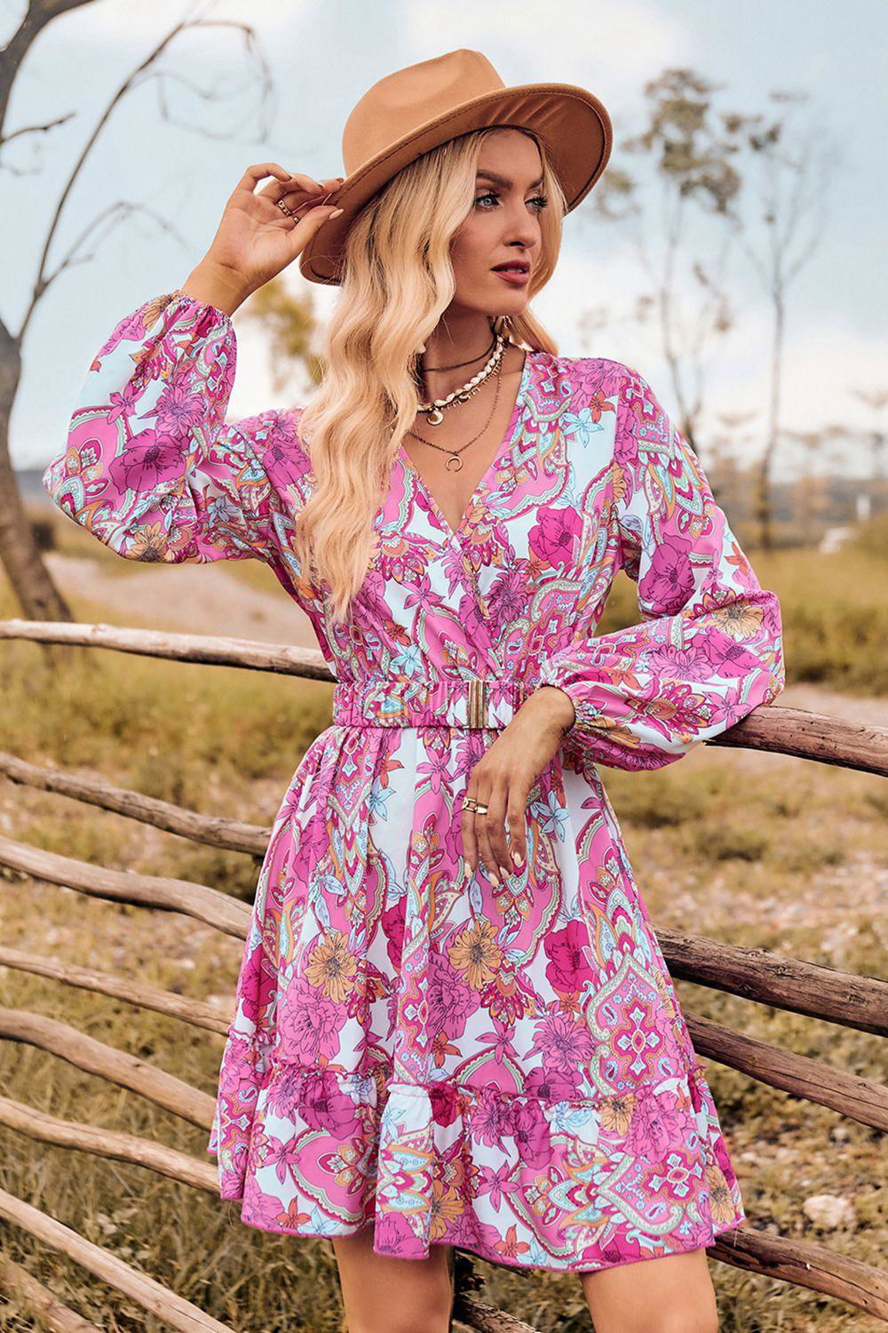 Printed Surplice Neck Long Sleeve Dress - Vesteeto