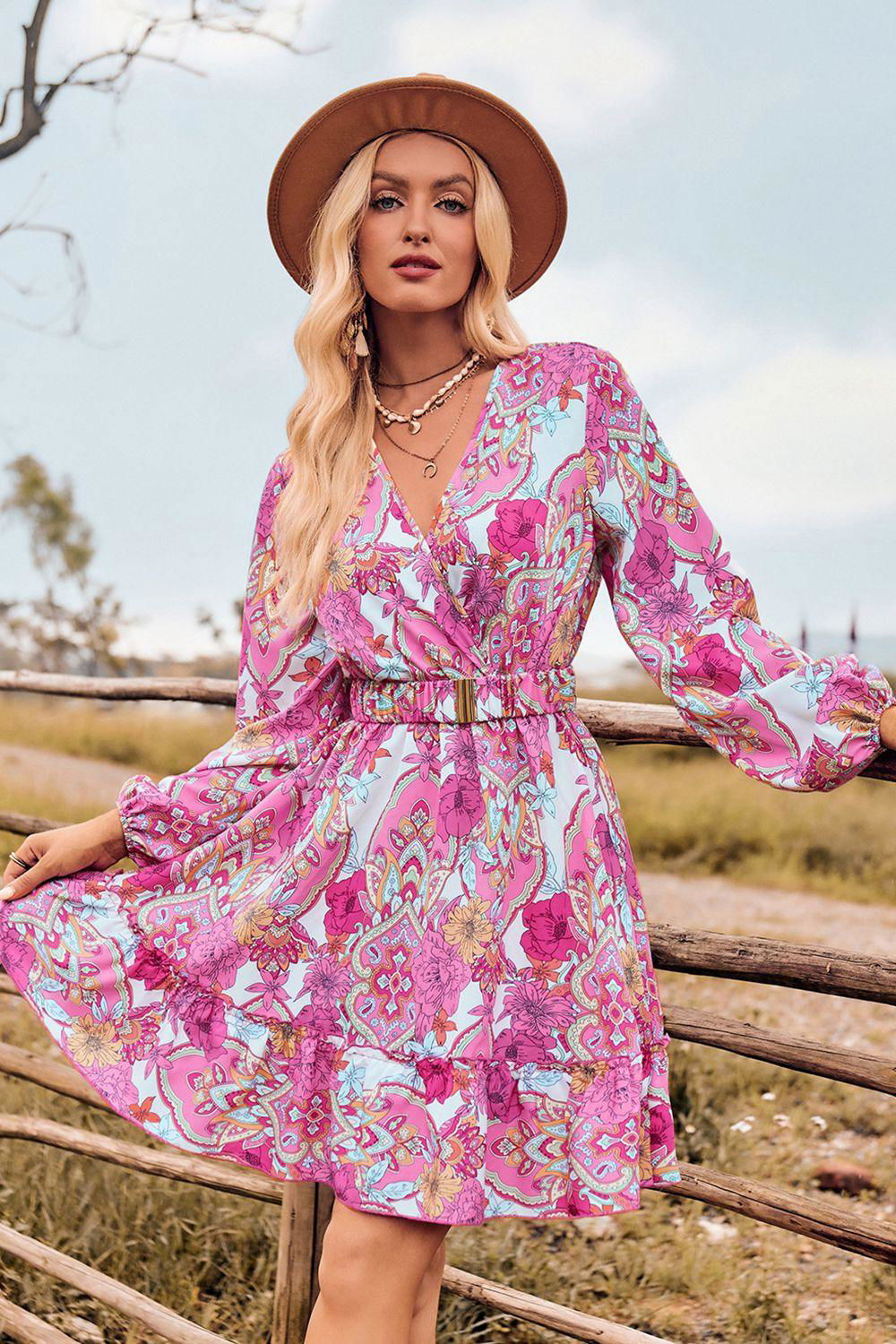 Printed Surplice Neck Long Sleeve Dress - Vesteeto