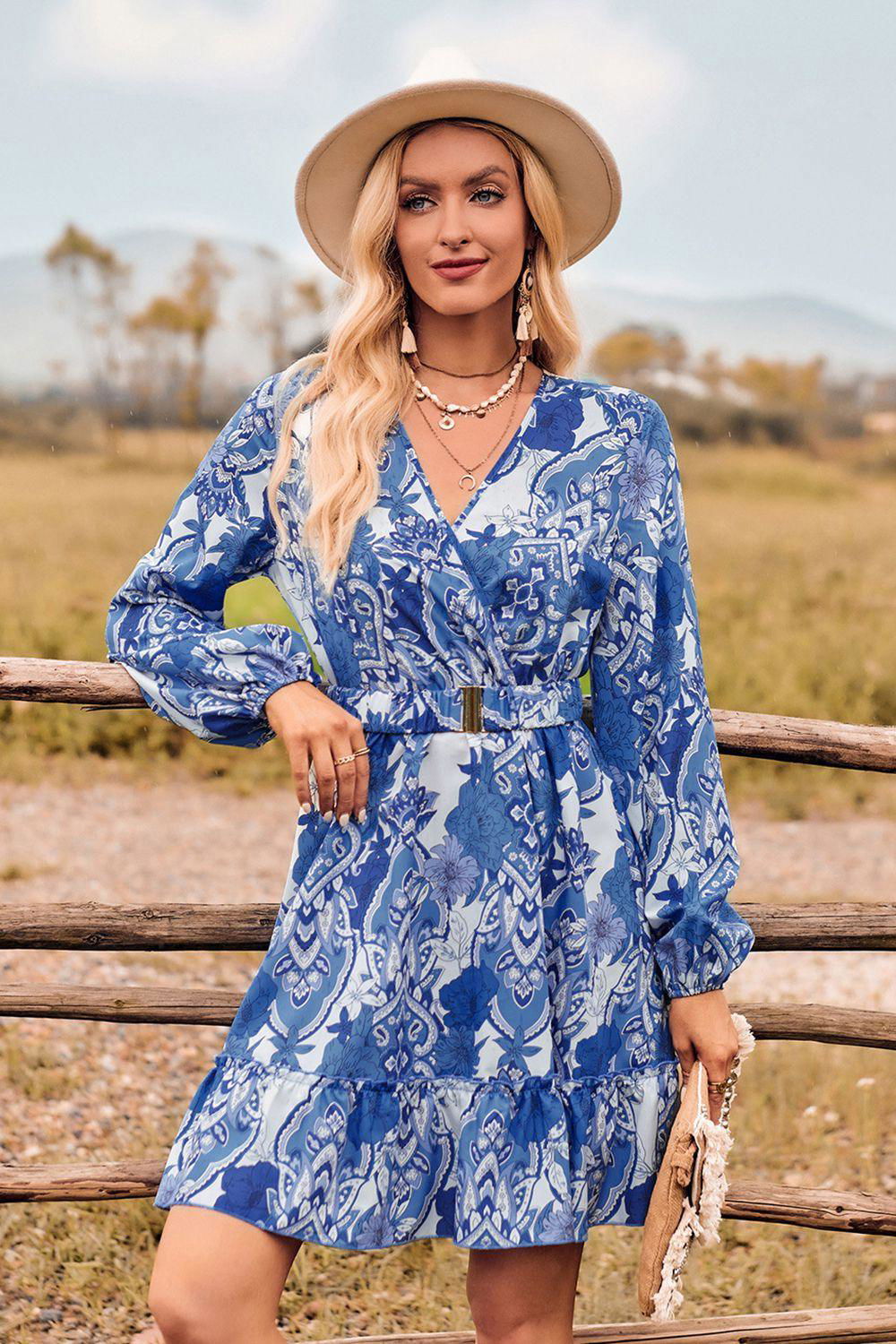 Printed Surplice Neck Long Sleeve Dress - Vesteeto