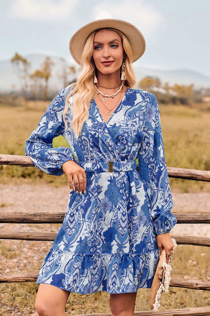 Printed Surplice Neck Long Sleeve Dress - Vesteeto