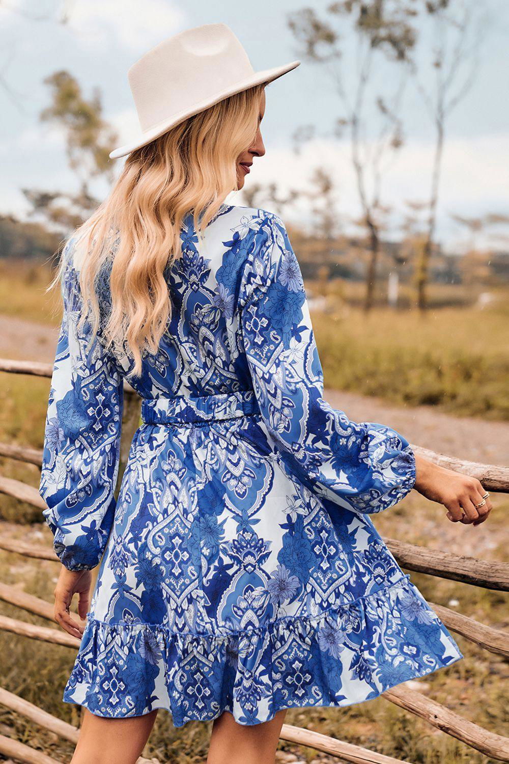 Printed Surplice Neck Long Sleeve Dress - Vesteeto