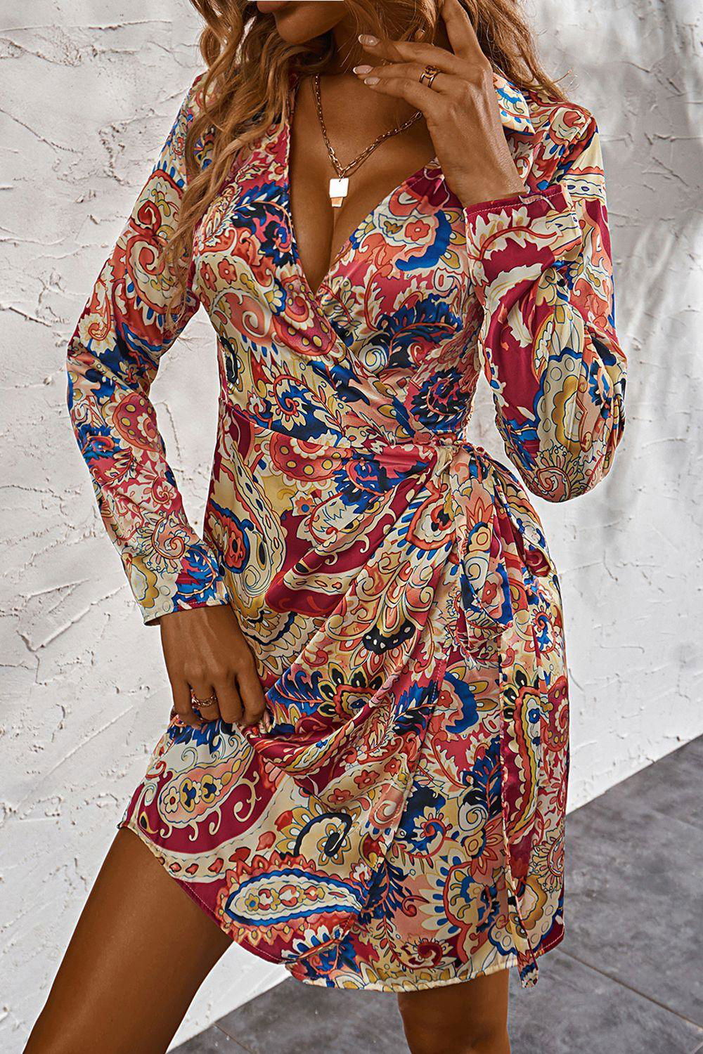 Printed Surplice Neck Long Sleeve Mini Dress - Vesteeto