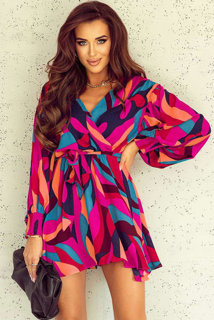 Printed Surplice Neck Tie Waist Dress 