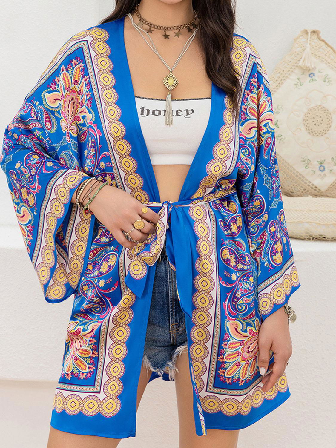 Printed Tie Belt Long Sleeve Cardigan - Vesteeto