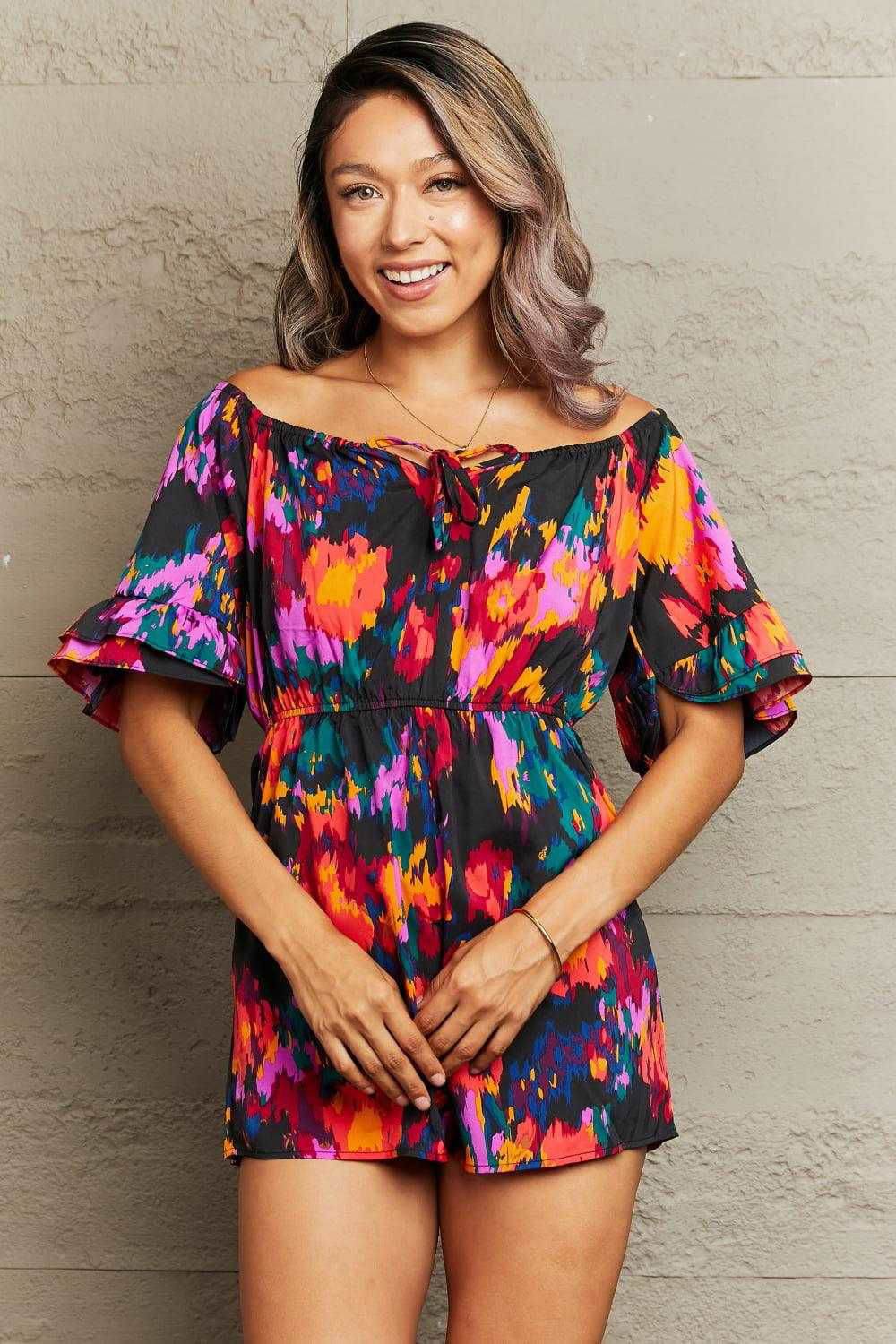 Printed Tied Flounce Sleeve Romper - Vesteeto