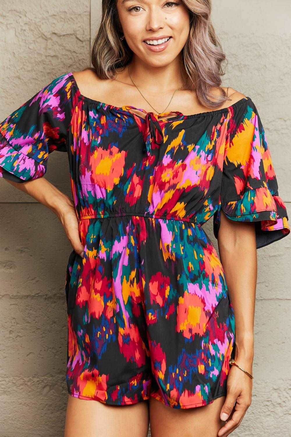 Printed Tied Flounce Sleeve Romper - Vesteeto