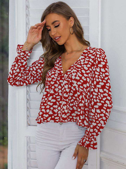 V Neck Flounce Sleeve Blouse