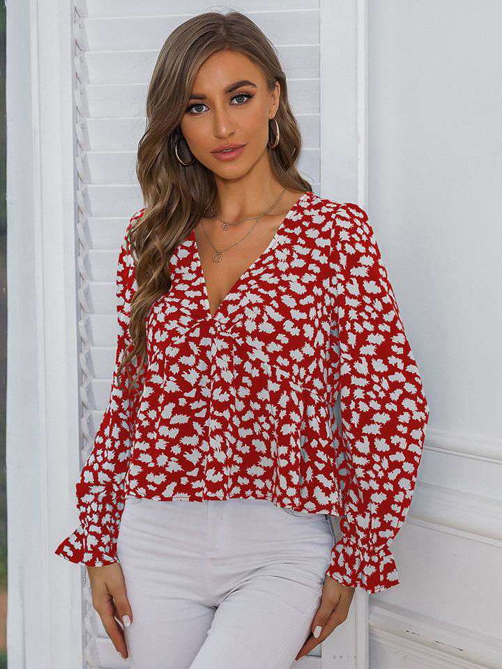 V Neck Flounce Sleeve Blouse