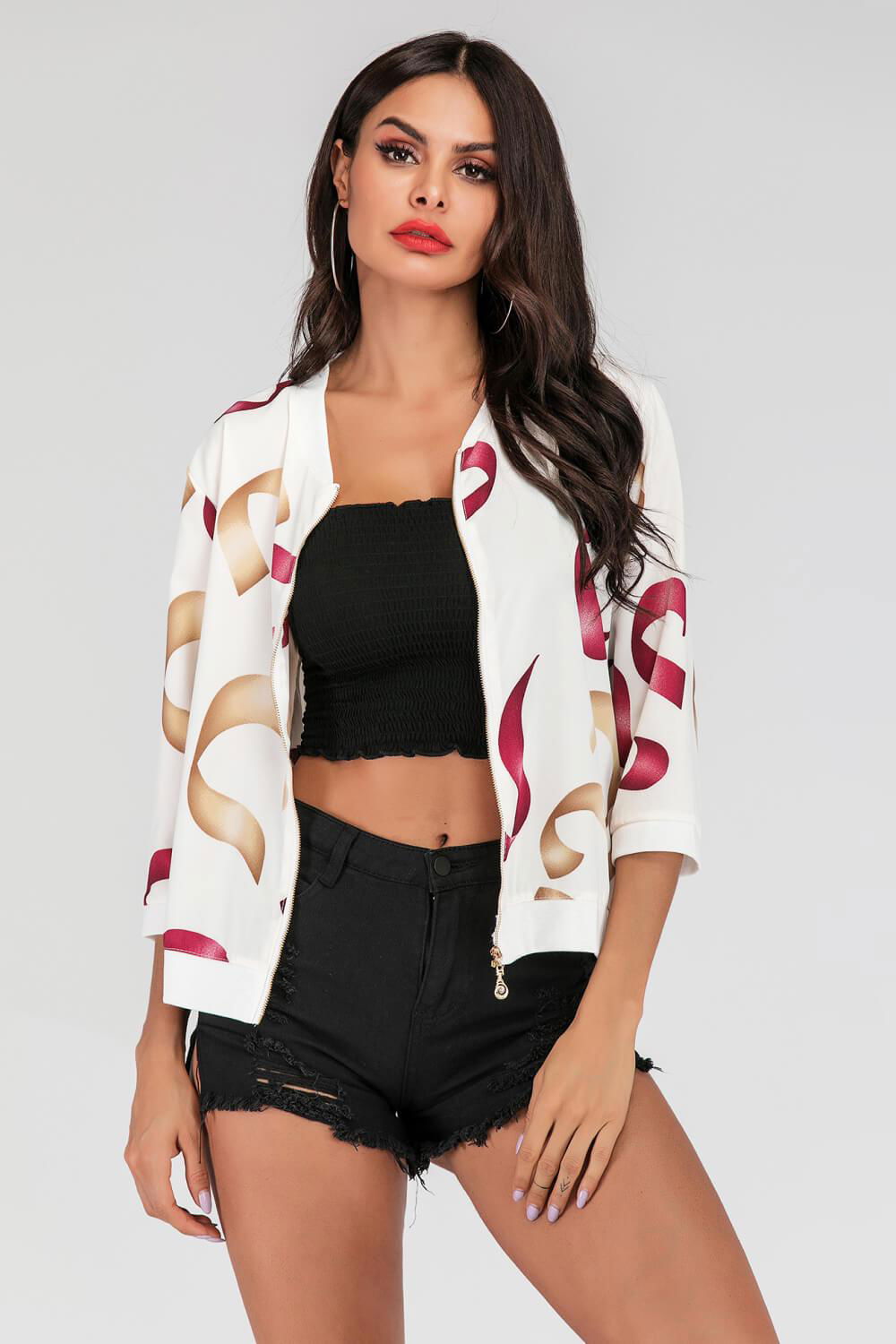 Printed Zip-Up Three-Quarter Sleeve Bomber Jacket - Vesteeto