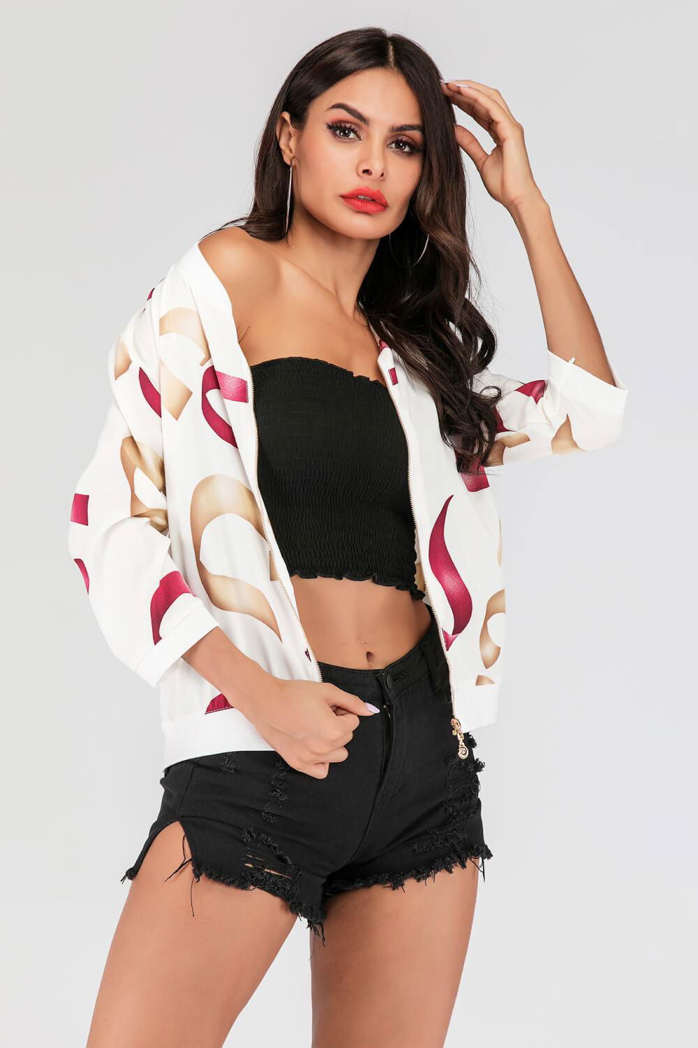 Printed Zip-Up Three-Quarter Sleeve Bomber Jacket - Vesteeto