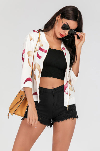 Printed Zip-Up Three-Quarter Sleeve Bomber Jacket - Vesteeto