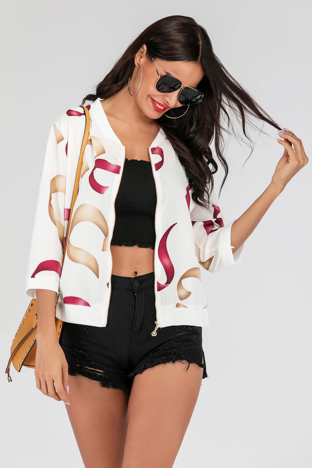 Printed Zip-Up Three-Quarter Sleeve Bomber Jacket - Vesteeto