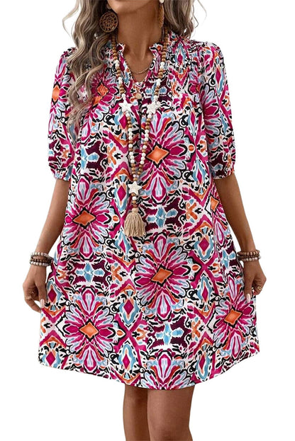 Purple Boho Abstract Print Puff Sleeve Smocked Mini Dress - Vesteeto